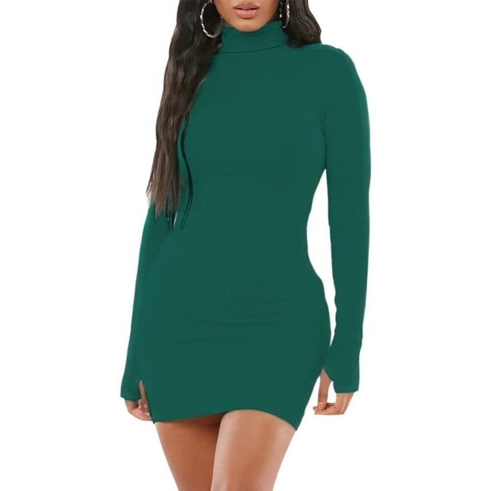 Women's Mock Neck Green Long Sleeve Bodycon Pencil Cocktail Mini Night Dresses